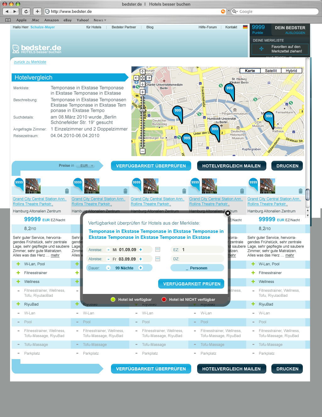 bedster.de hotel comparison with side-by-side amenity matrix