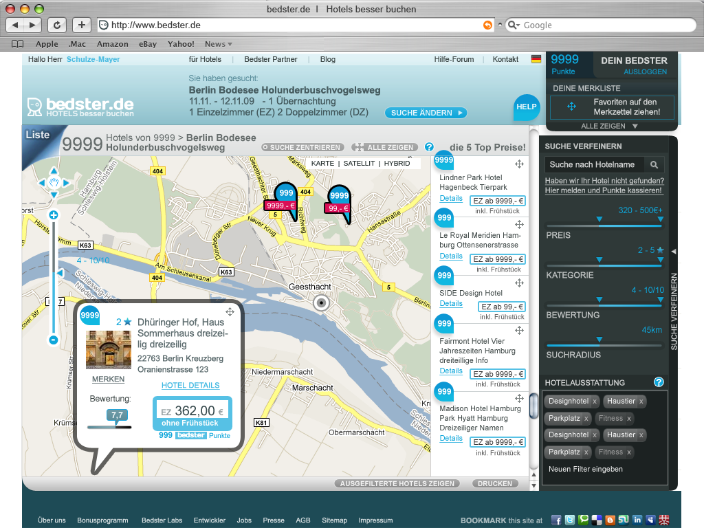 bedster.de map view with hotel price pins and popup