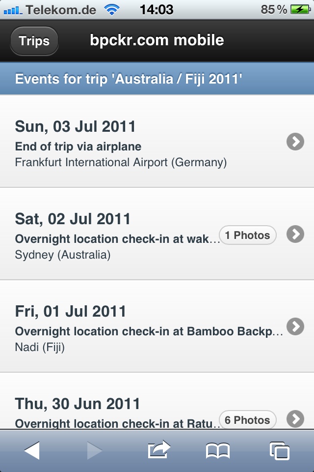 Event timeline for Australia/Fiji trip