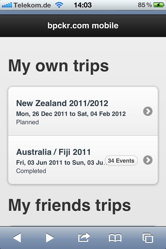 Trip list showing Australia/Fiji 2011 and New Zealand 2011/2012