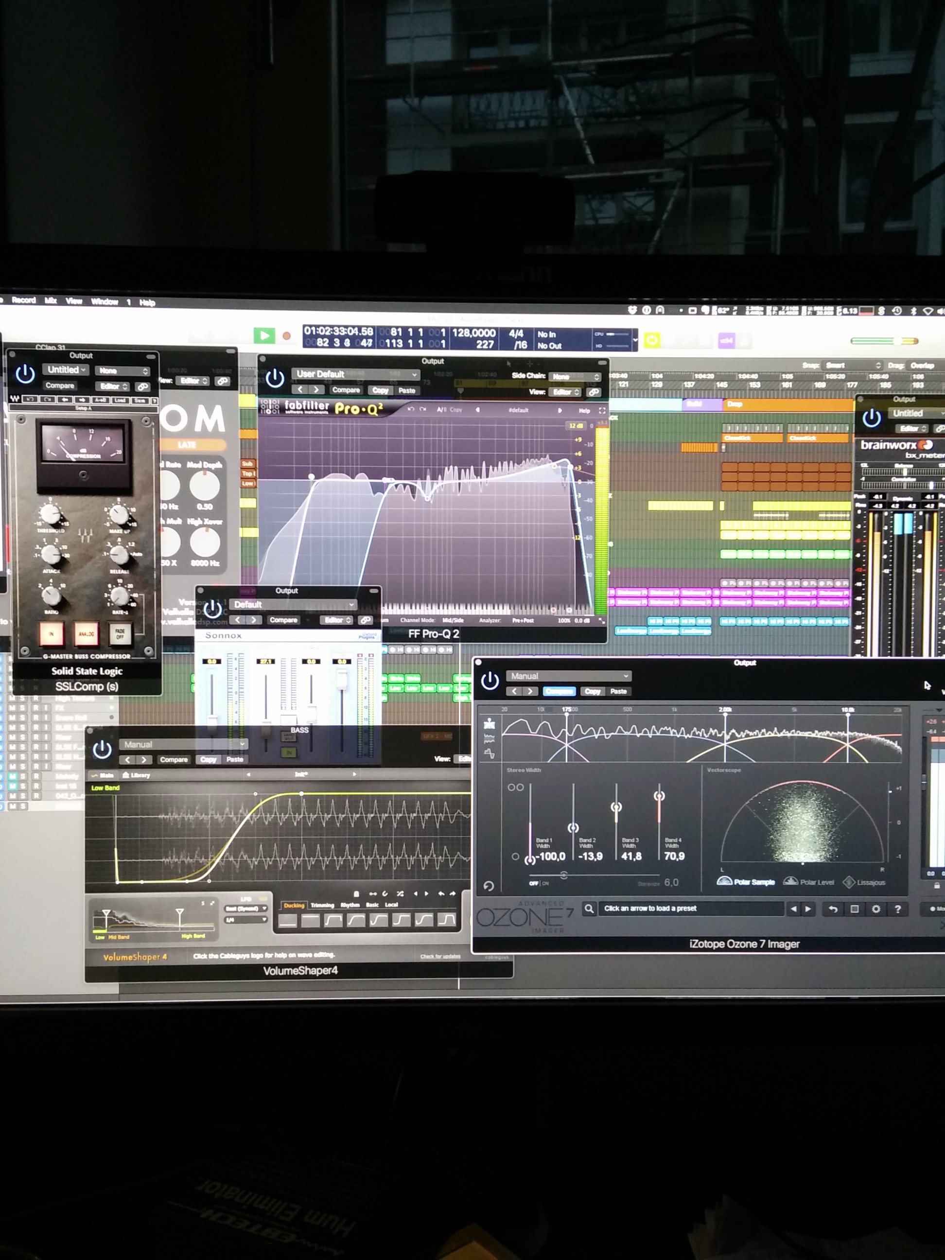 Screen full of mixing plugins — FabFilter Pro-Q 2, iZotope Ozone 7, SSL Comp, VolumeShaper