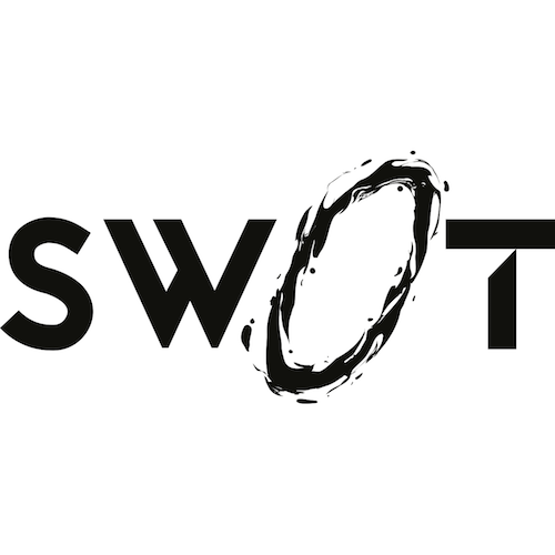SW0T logo — bold black typography with swirl O