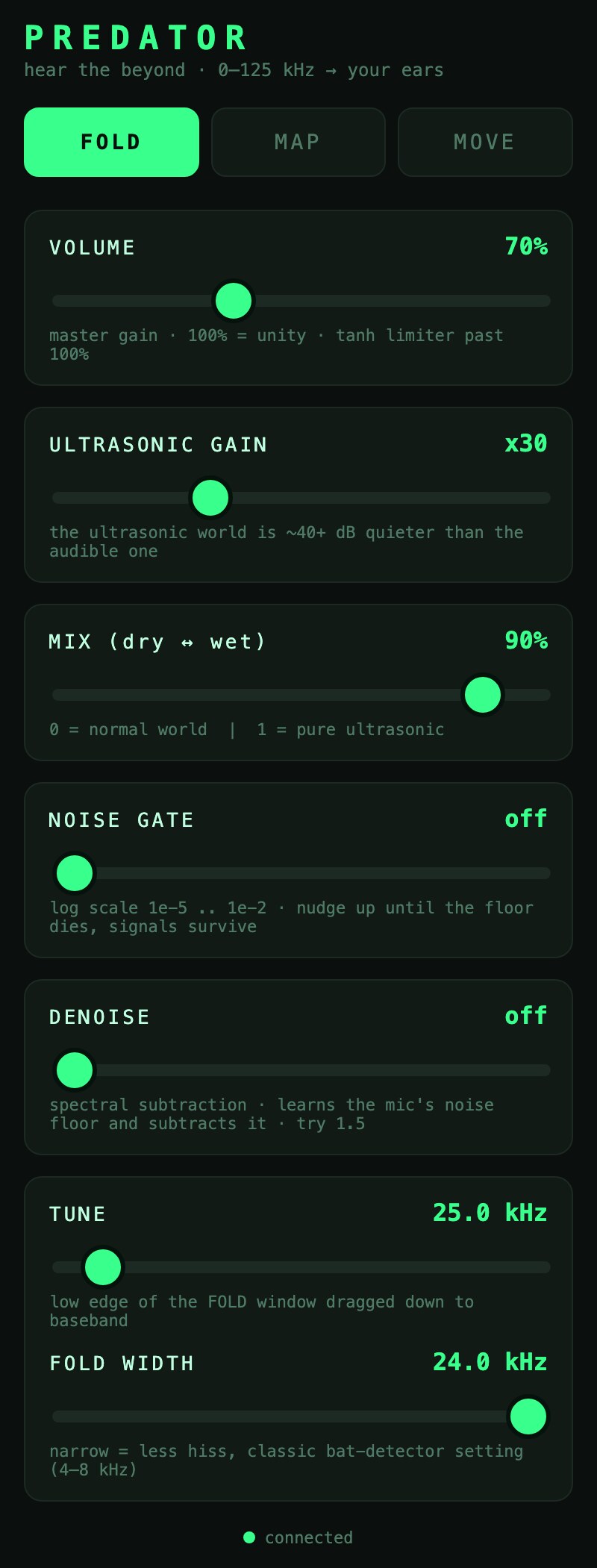 Predator web GUI on a phone: FOLD mode with volume, ultrasonic gain, mix, noise gate, denoise, tune and fold width sliders