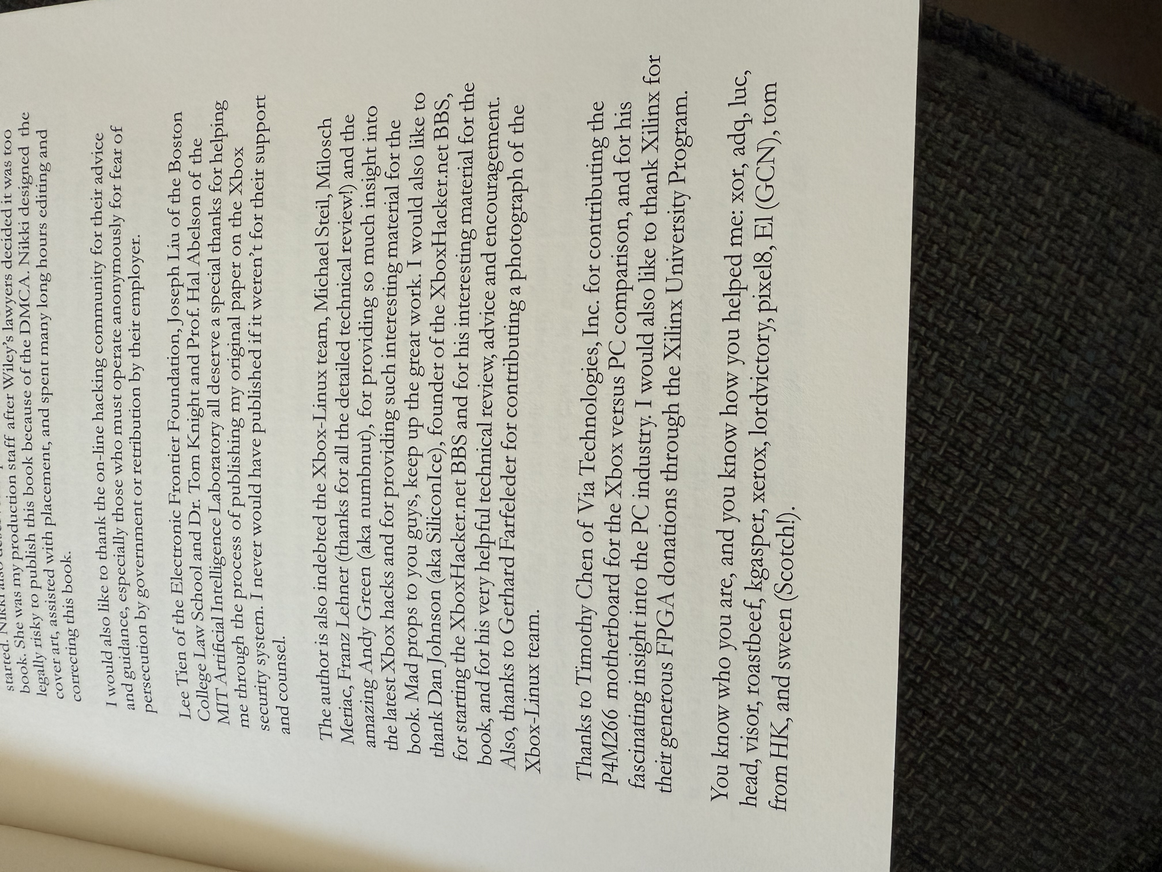 Acknowledgments page from Hacking the Xbox by Bunnie Huang