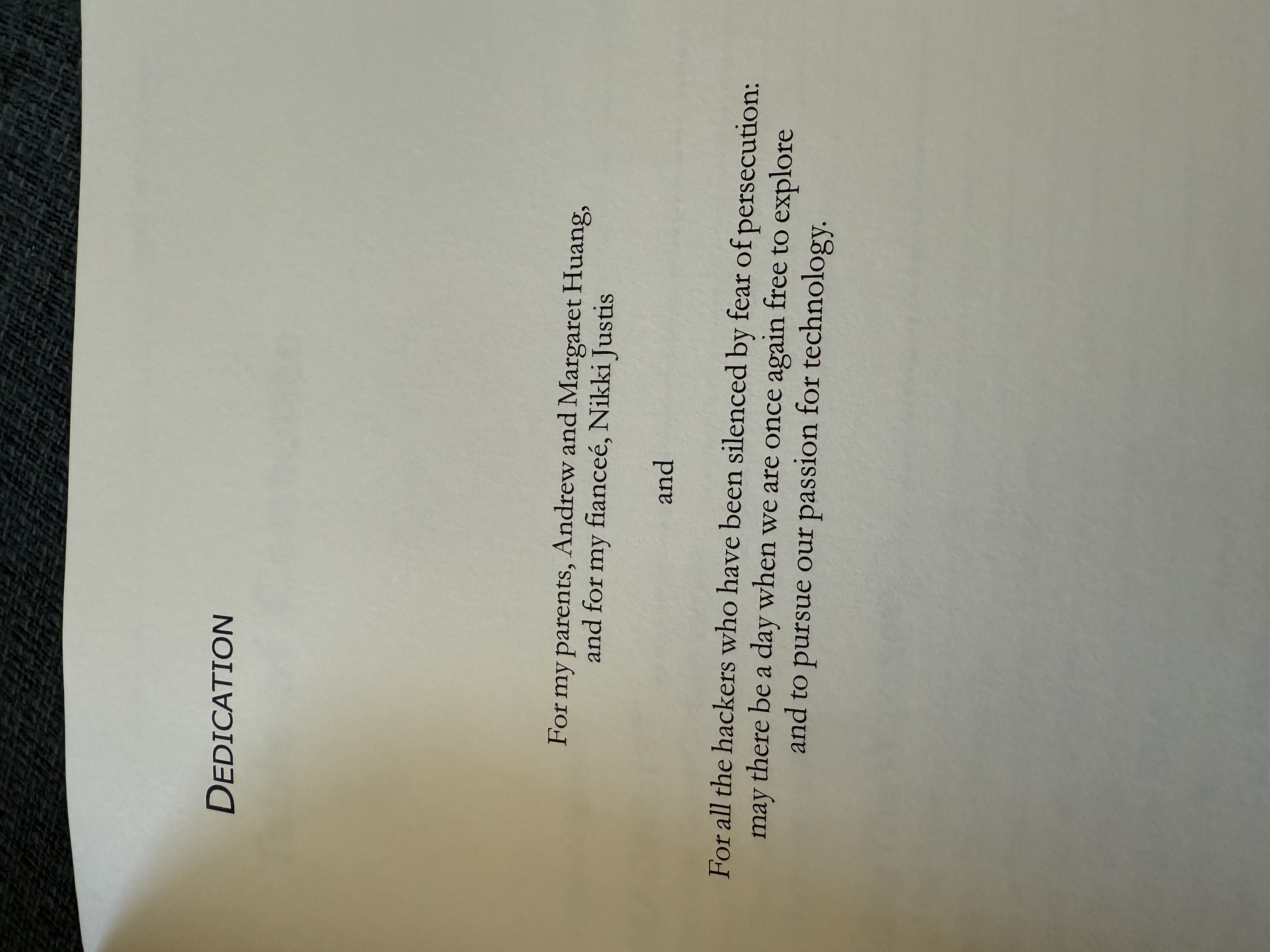 Dedication page from Hacking the Xbox by Bunnie Huang